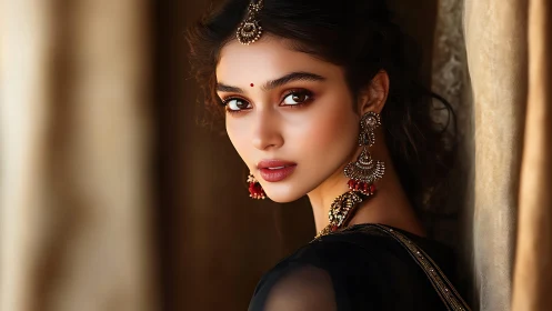 Golden gaze in silk shadows, adorned with quiet fire.