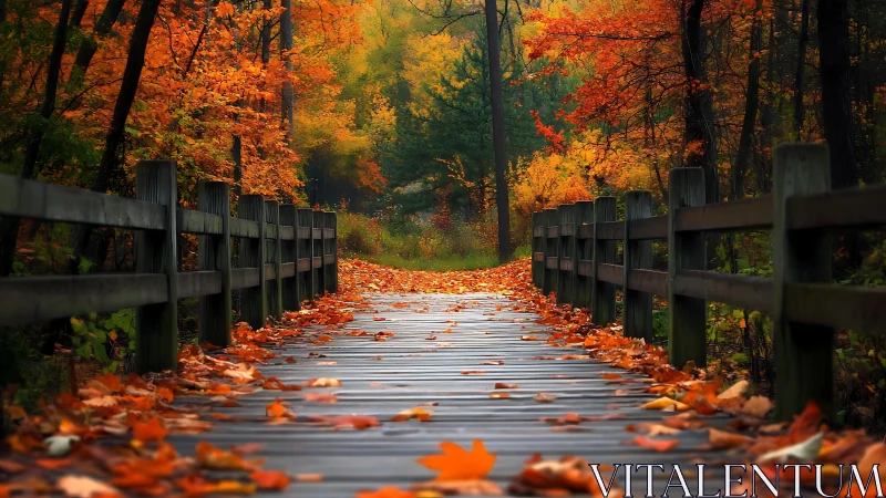 Wooden forest walkway wrapped in glowing autumn color.