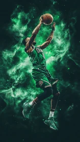 Dynamic basketball dunk explodes through emerald smoke storm.