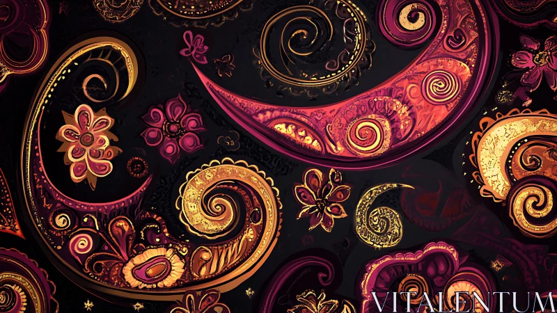Ornate paisley swirls glow over dark textured background