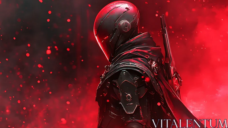 Armored cybernetic warrior strides through red nebula haze.