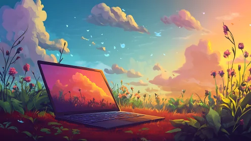 Laptop in colorful meadow under vivid sunset sky.