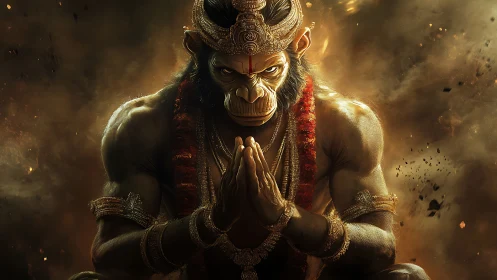 Mythic warrior primate bows amid molten ember storm.