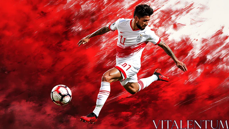 Soccer player mid-air kick on red and white abstract field.