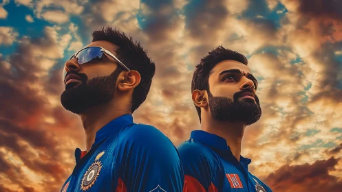 Stoic cricket teammates stare skyward under blazing clouds