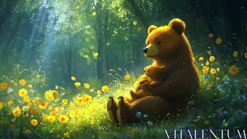 Sunlit bear and cub share a peaceful moment in forest bloom