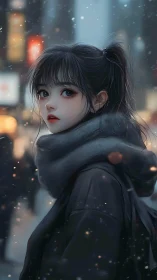 Anime portrait of girl in snowy neon city uses soft bokeh rendering