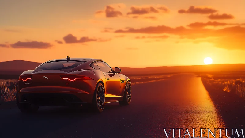 Rear three-quarter sports coupe on desert highway at sunset