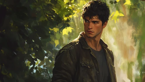 Wary forest wanderer in sun-slashed green silence stands.