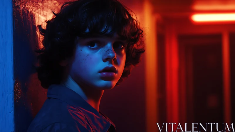 Youthful subject in corridor under blue and red lighting.