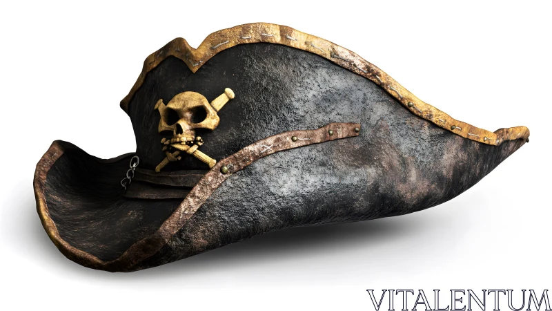 Weathered pirate tricorn hat with skull emblem, realistic 3D style. Weathered pirate tricorn hat with skull emblem, realistic 3D style.