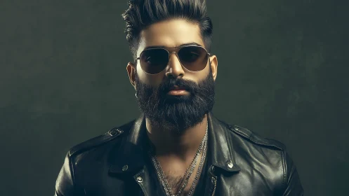 Bearded man in leather jacket under moody studio lighting.