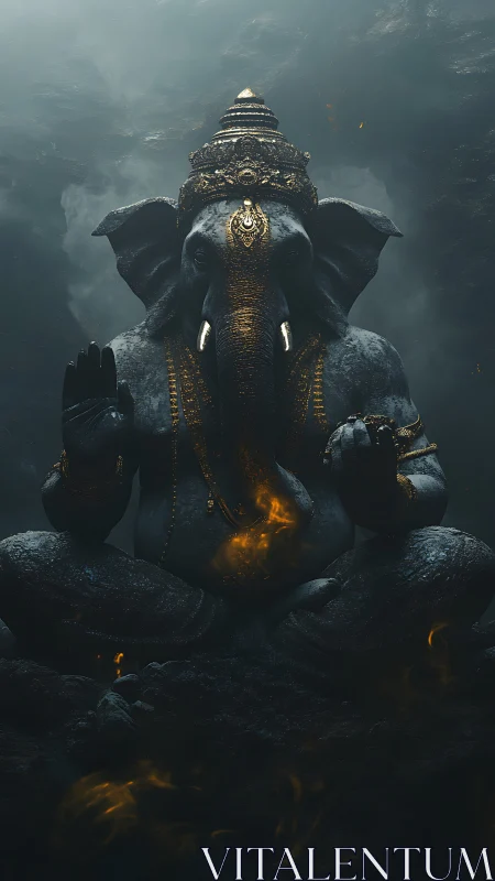 Monolithic Ganesha idol rendered in moody cinematic 3D lighting