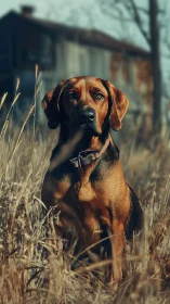 Copper-coated hound dog in dry field, shallow depth of field