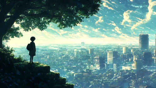 Solitary youth overlooking sunlit futuristic city panorama