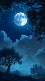 Quiet moonlit forest under a tender, starry blue sky.
