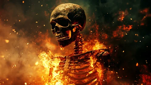 Charred human skeleton engulfed in volumetric flames and embers