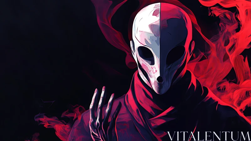 Bifurcated alien mask figure emerges from red vapor plumes