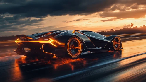 Luminescent hypercar aerodynamics on wet reflective highway.