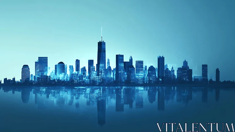 Blue monochrome city skyline with mirrored water reflection.