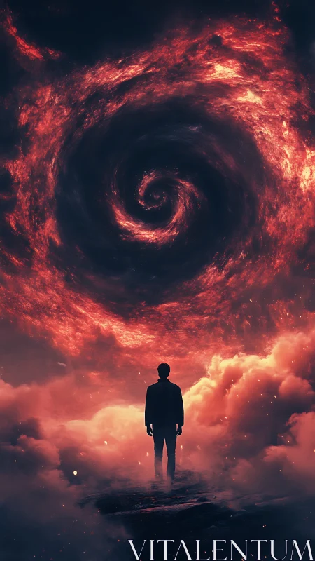 Silhouetted figure faces swirling fiery vortex in storm sky