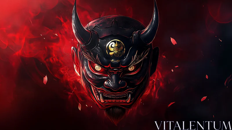 Demonic oni mask bursts from scarlet smoke with molten stare