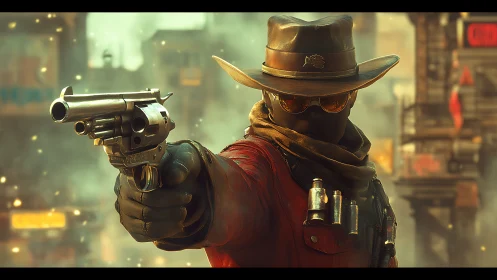 Lone futuristic gunslinger holding a revolver in the haze.