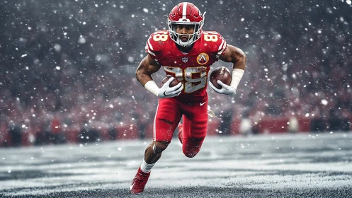 Football running back charges through heavy snowstorm.