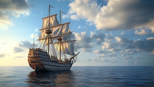 Sunlit galleon glides lazily across a glass-blue horizon