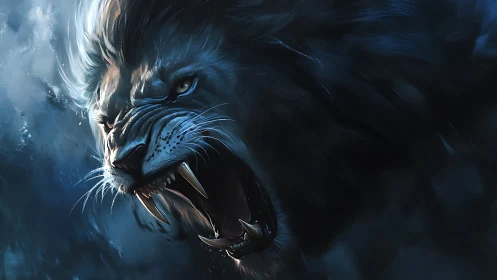 Stormlit lion roar glowing with fierce midnight energy.