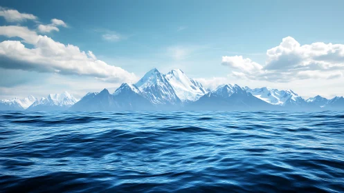Serene blue ocean meeting distant snowy mountain peaks.