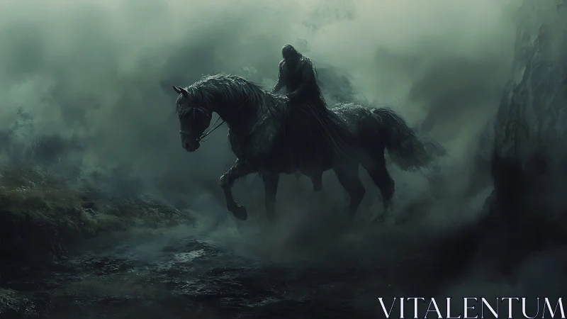 Mysterious rider and loyal horse emerging from misty shadows.
