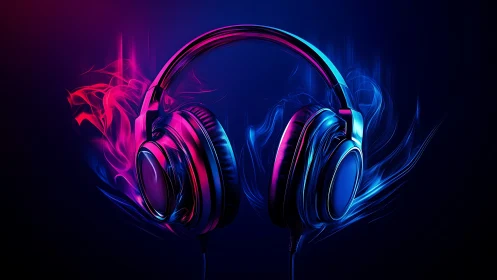 Neon over ear headphones with pink and blue light trails.