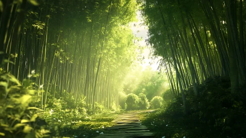 Luminous Bamboo Pathway: Radiant Forest Corridor with Golden Light.