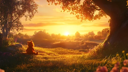 Backlit plush bear observing volumetric golden hour sunset.