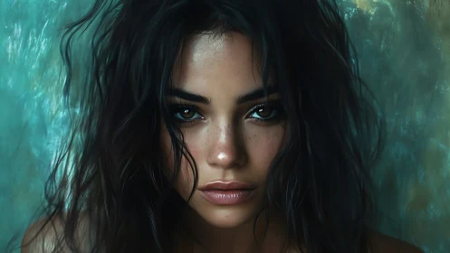 Storm-eyed muse in teal hush, hair wild with secrets.
