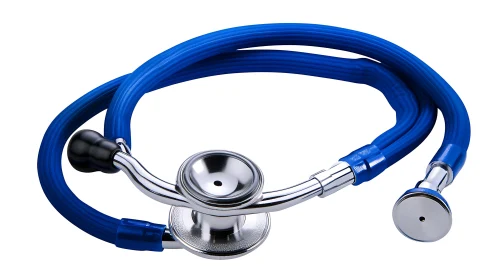 High-gloss dual-head stethoscope with blue PVC tubing isolated