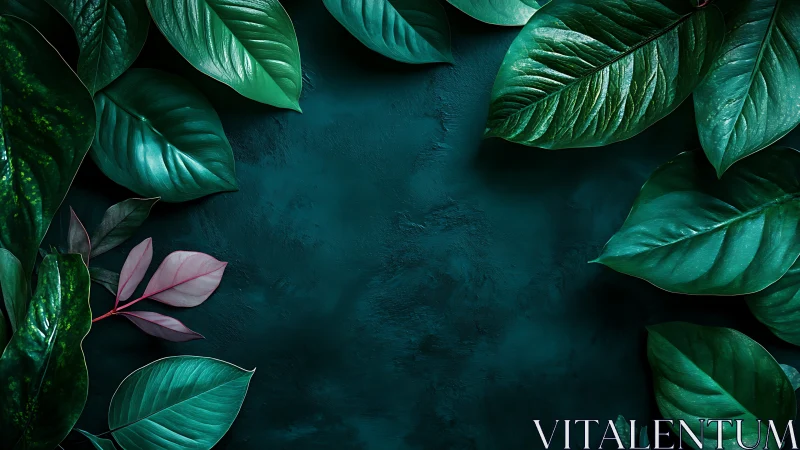 Green foliage frames textured teal surface in rectangular layout