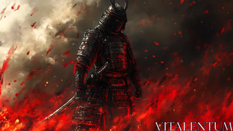 Armored samurai figure stands amid dense red flame field