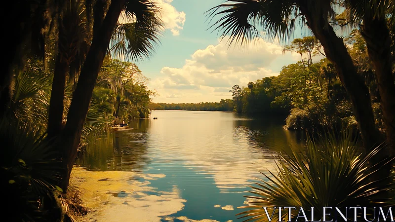 Tropical river framed by palm trees under golden sky.