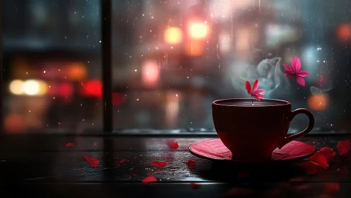 Dark tea cup with pink flowers sits on rain-covered window sill.