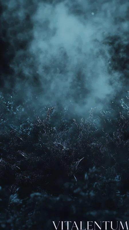 Dark mist over dense night forest ground cover.