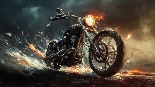 Motorcycle stands amid dynamic fire and water effects in storm