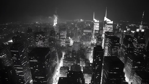 Midnight metropolis skyline in dramatic monochrome glow.