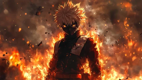 Masked fire-wreathed warrior stands amid explosive inferno