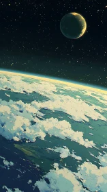 Oblique orbital view of cloud-laden planet beneath crescent moon