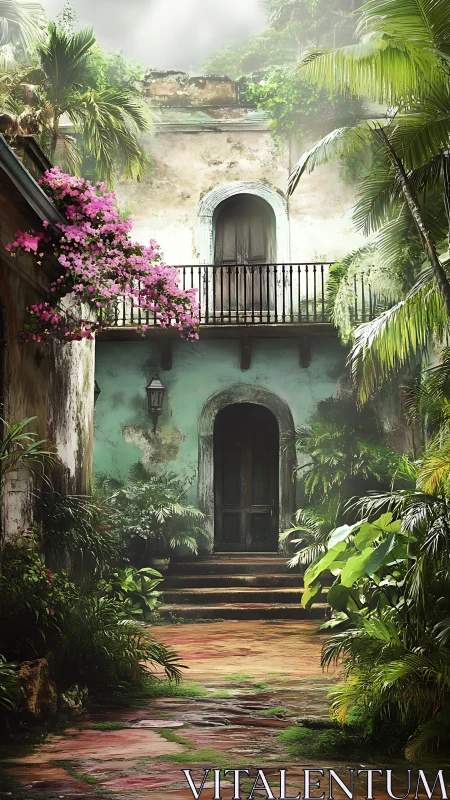 Secret jungle courtyard wraps an old teal villa in silence.