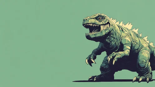 Stylized green dinosaur illustration on flat teal background.
