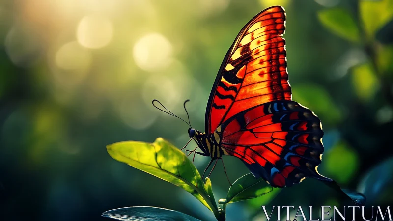 Orange butterfly on leaf in soft green backlight.