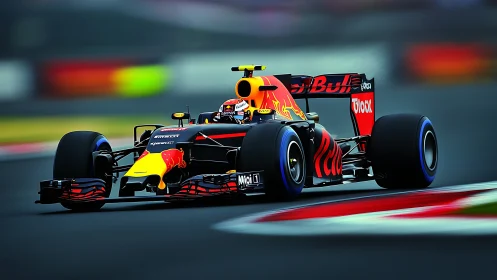 Turbocharged bull rockets through a neon-tinged racetrack storm.